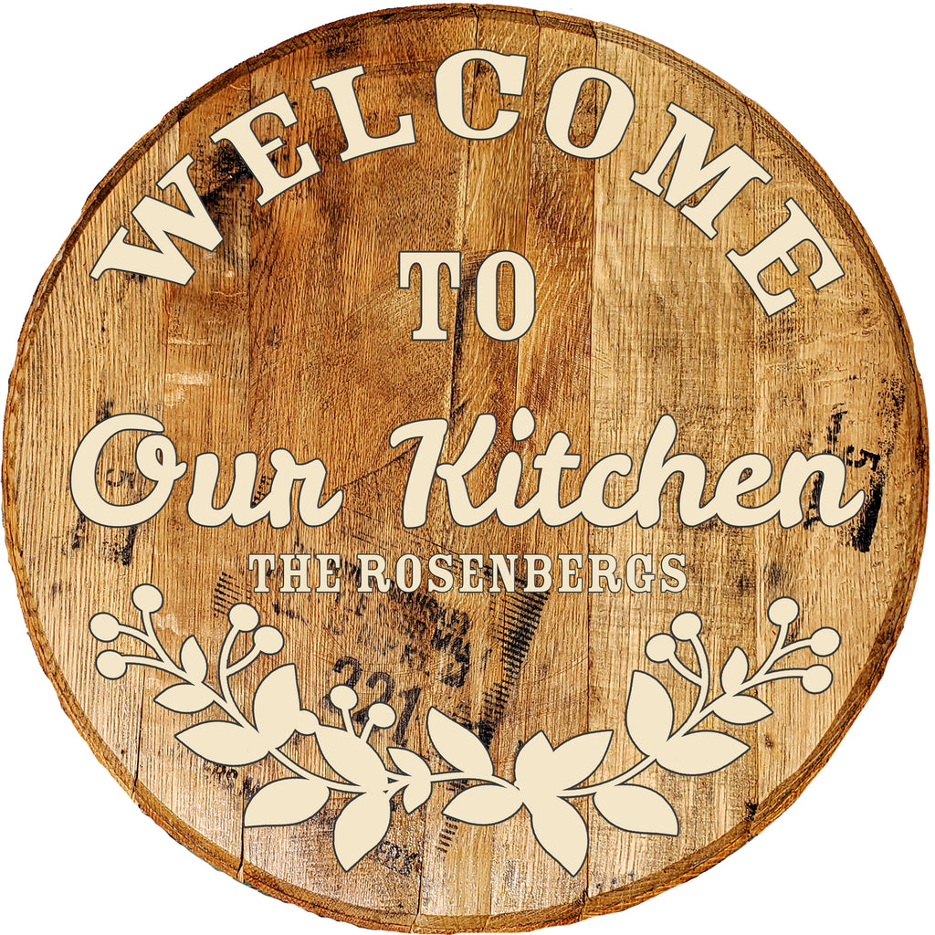 Our Kitchen Welcome Personalized Rustic Kitchen Sign - Custom Barrel Head