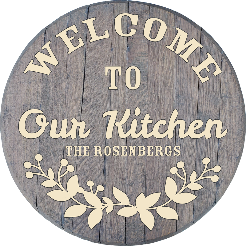 Our Kitchen Welcome Personalized Rustic Kitchen Sign - Custom Barrel Head