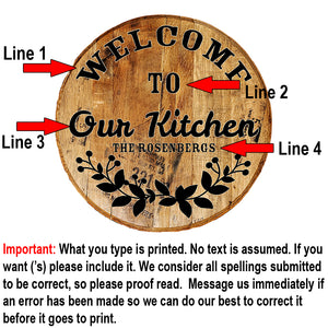 Our Kitchen Welcome Personalized Rustic Kitchen Sign - Custom Barrel Head